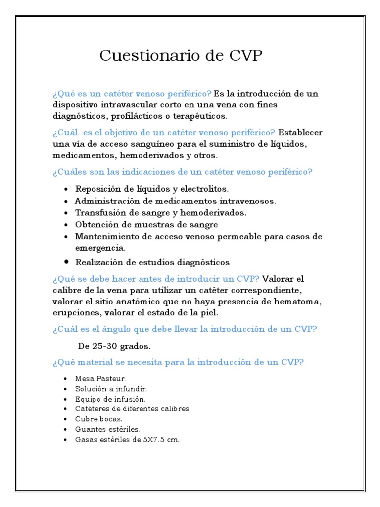 Cuestionario sobre Catéter Venoso Periférico | PDF