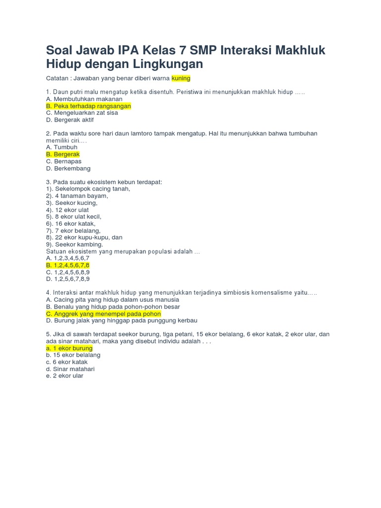 Soal Jawab IPA Kelas 7 SMP Interaksi Makhluk Hidup Dengan