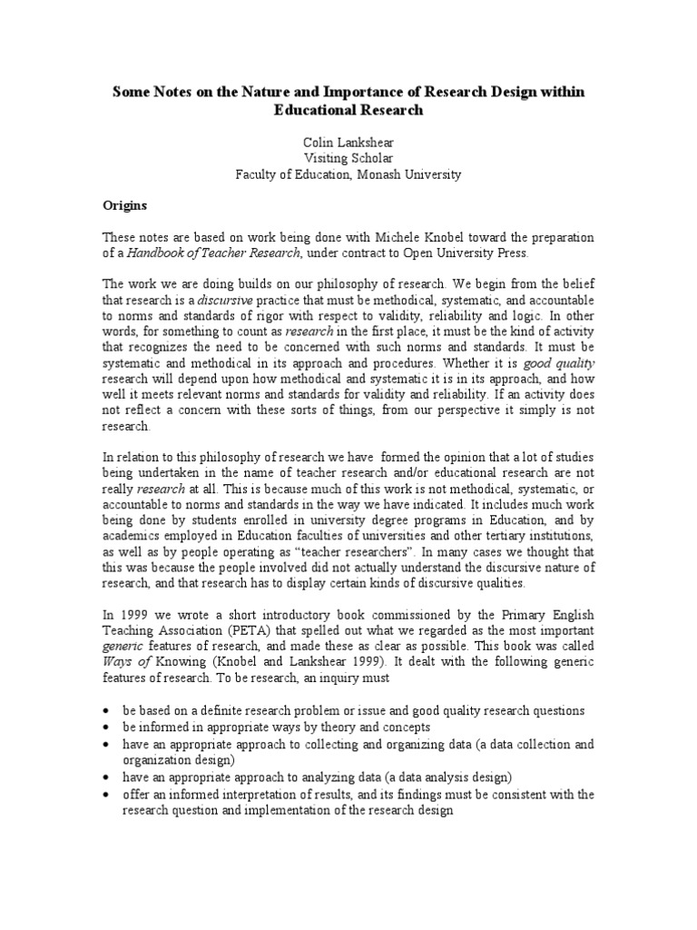 Some Notes On The Nature And Importance Of Research Design Within 