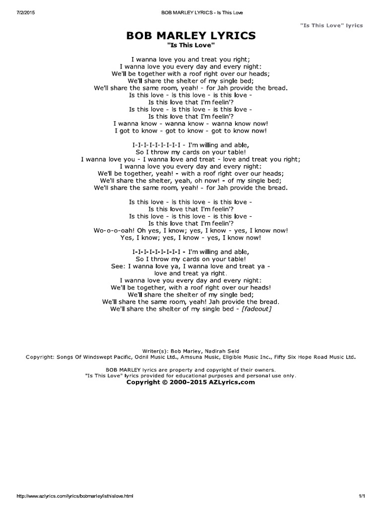 BOB MARLEY LYRICS Is This Love PDF PDF