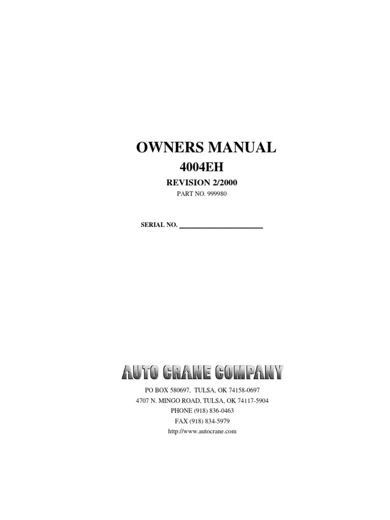 Load Chart For Auto Crane 4004EH Series - Replacement Manual & Capacity Chart (Part #404207000)-1322960