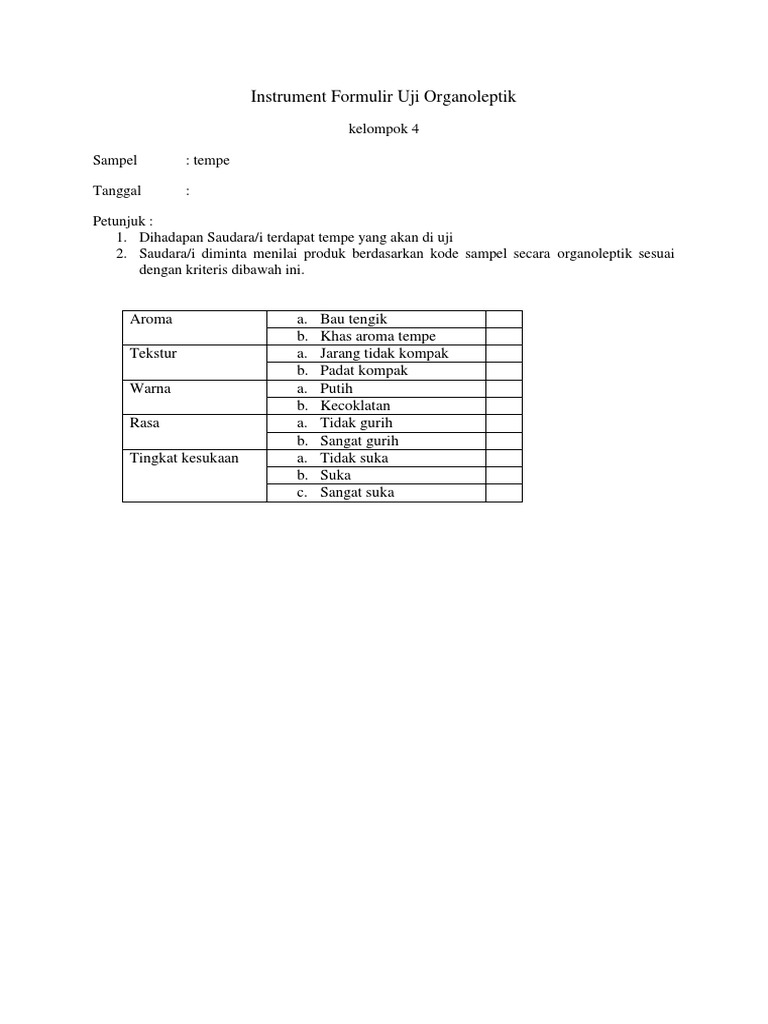 Instrument Formulir Uji Organoleptik | PDF