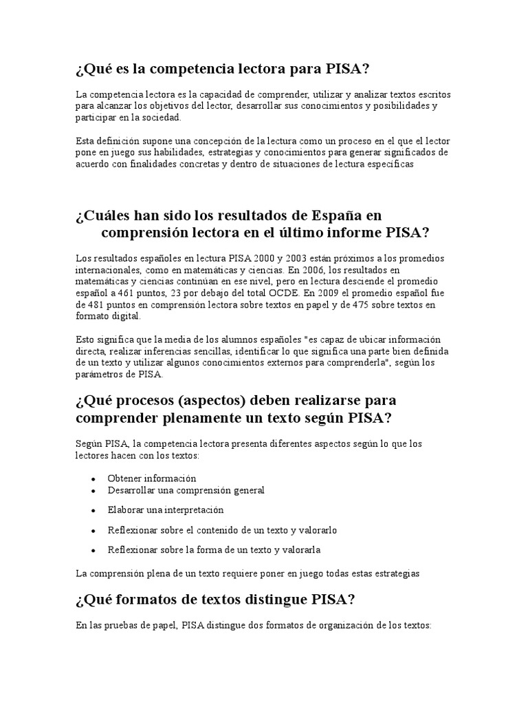 Competencia Lectora en PISA | PDF | Lectura (proceso) | Programa para la  Evaluación Internacional de Estudiantes, image size:768x1024