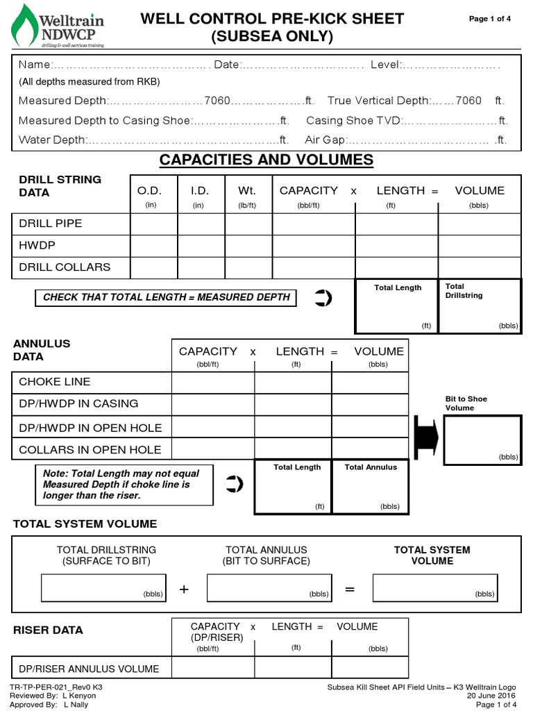 Subsea Well Control Pre-Kick Sheet | PDF | Casing (Borehole ...