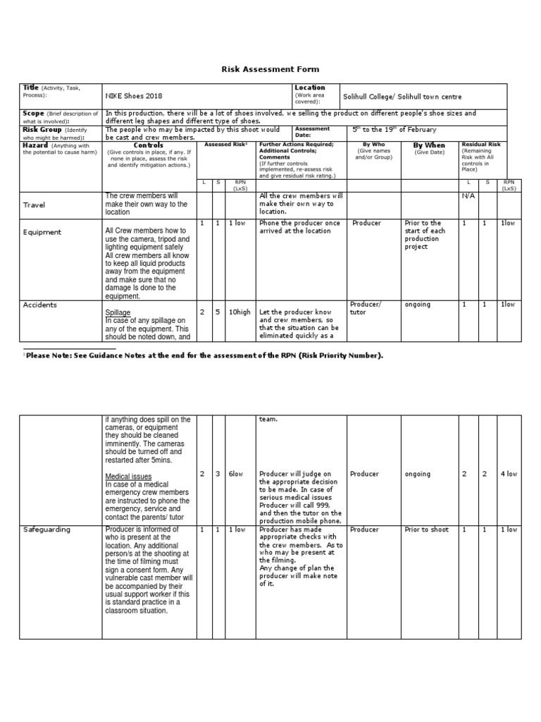 NIKE Shoes 2018 Risk Assessment Form | PDF | Risk Assessment | Risk
