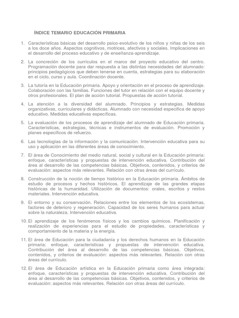Temario de Educación Primaria 2023 | PDF | Educación primaria | Plan de ...
