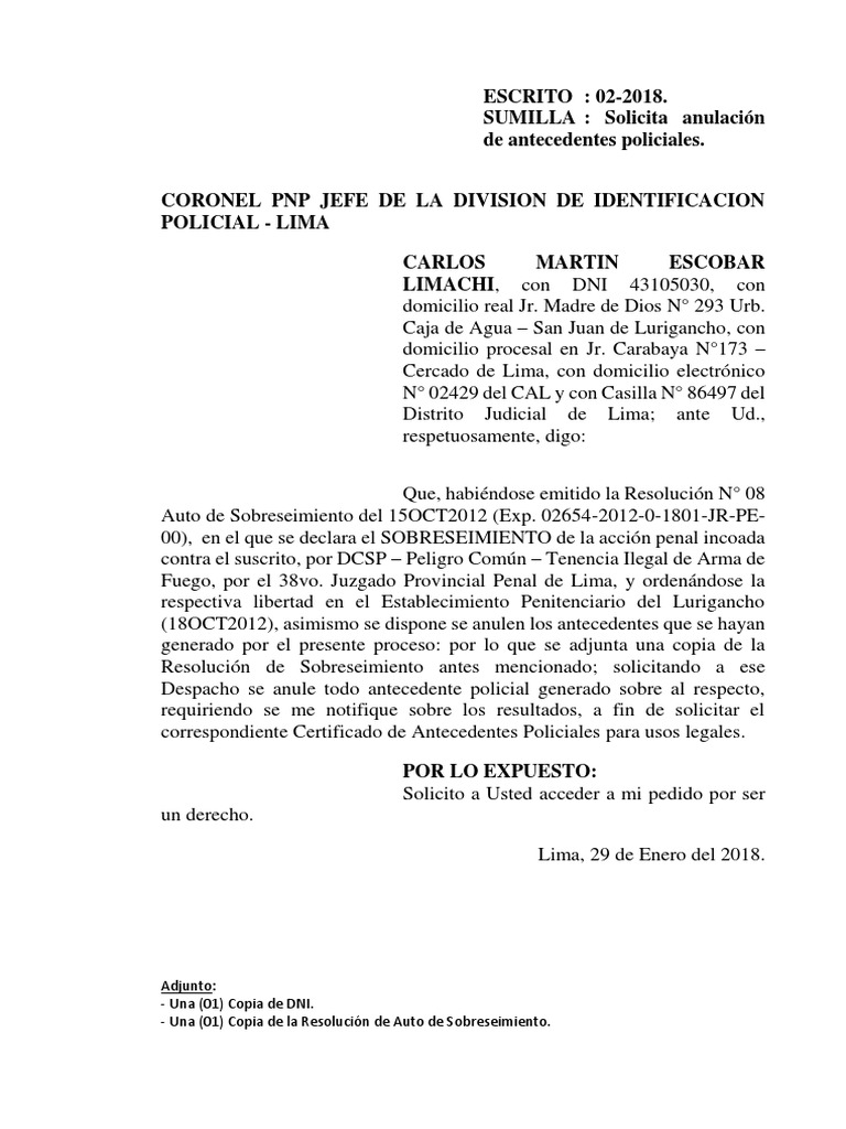 modelo de escrito solicita Anulacionde Antecedentes Policiales