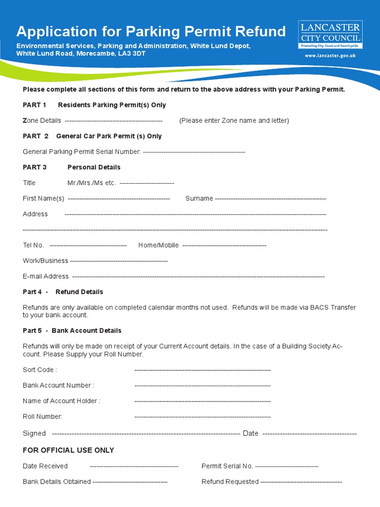 Application For Parking Permit Refund PDF Business