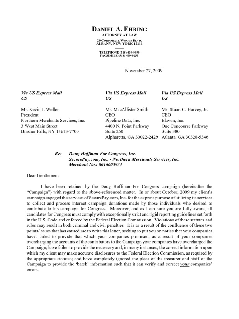 Hoffman Letter To SecurePay | PDF | Credit Card | Debit Card