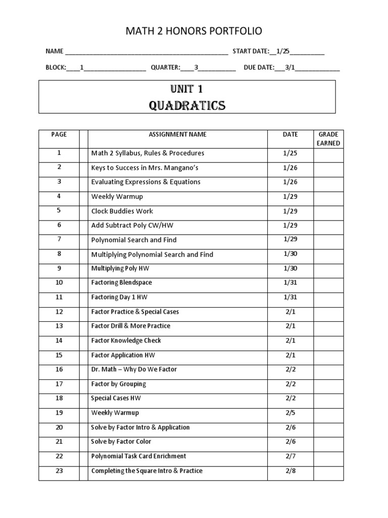 Math 2 Honors Portfolio Overview | PDF | Quadratic Equation | Factorization