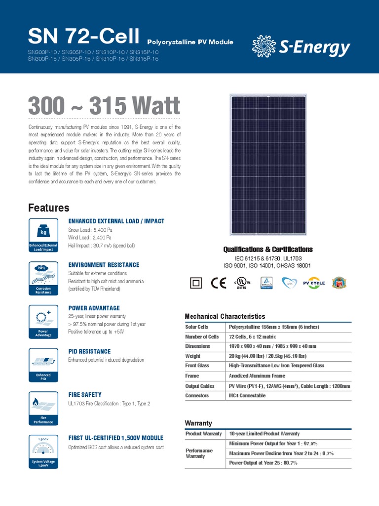 S-Energy SN 72-Cell Solar Panel Specs | PDF | Solar Panel | Electrical ...