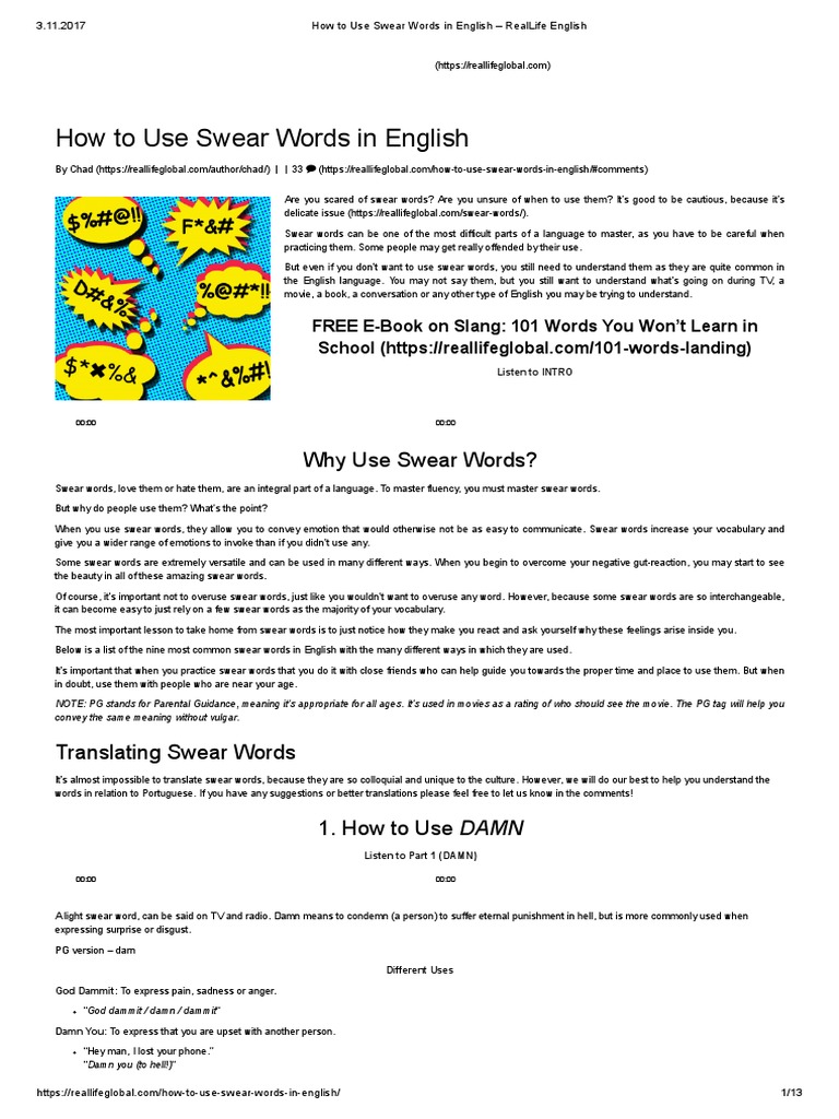 How To Use Swear Words in English RealLife English PDF Urine