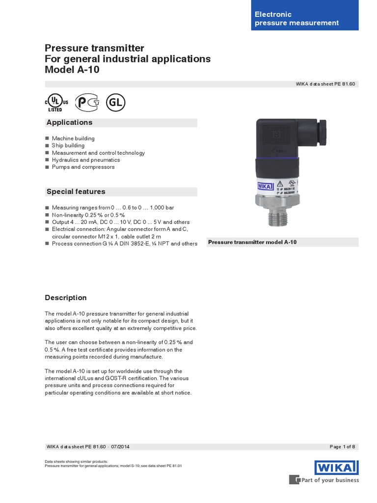 WIKA Sensors A10 Datasheet DS PE8160 en Co 1631 PDF