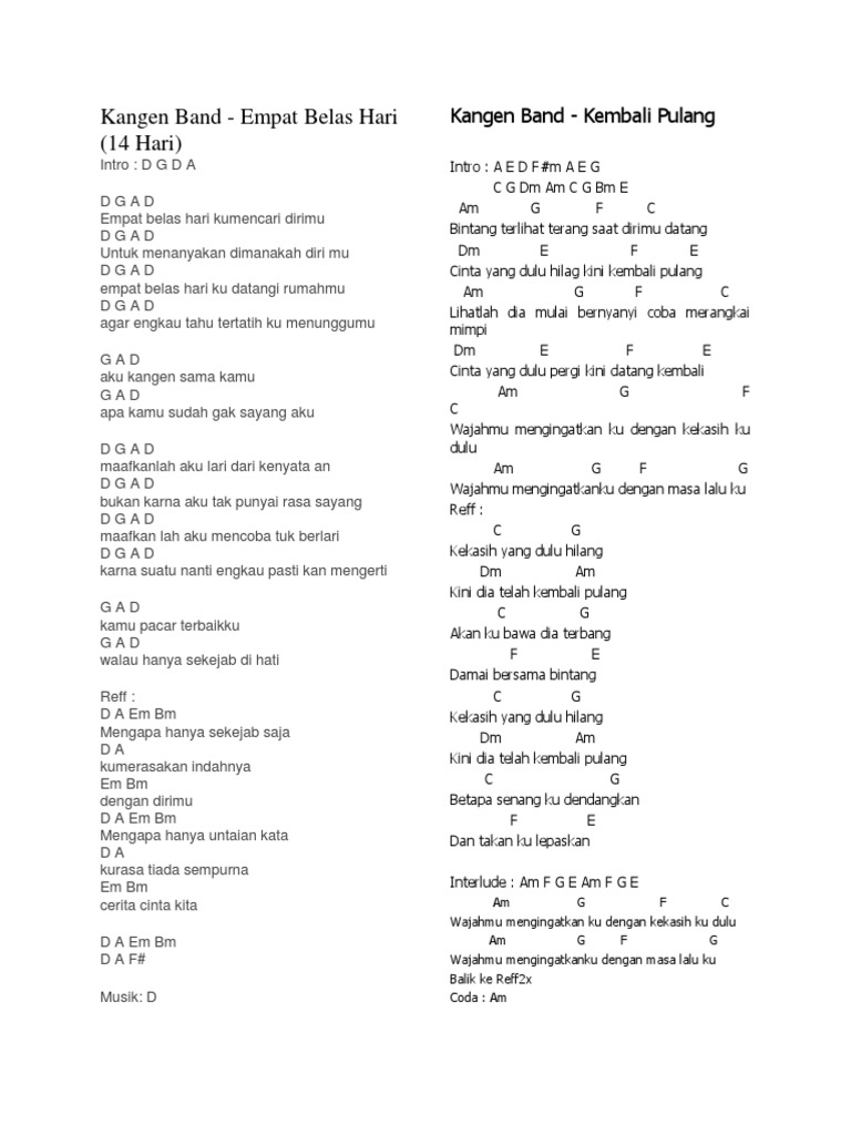 Chord Kangen Band Kembali Pulang verse 2 sumpah aku tak rela melepasmu apa pun chorus sayang kembalilah pulang ke dalam hati ini walau kau mendendam. chord kangen band kembali pulang