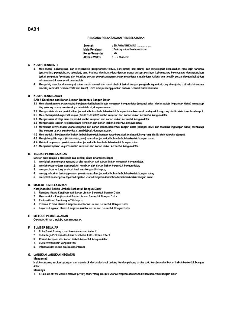 Rpp Prakarya Kwu Sma Xi 1 Bp K 13