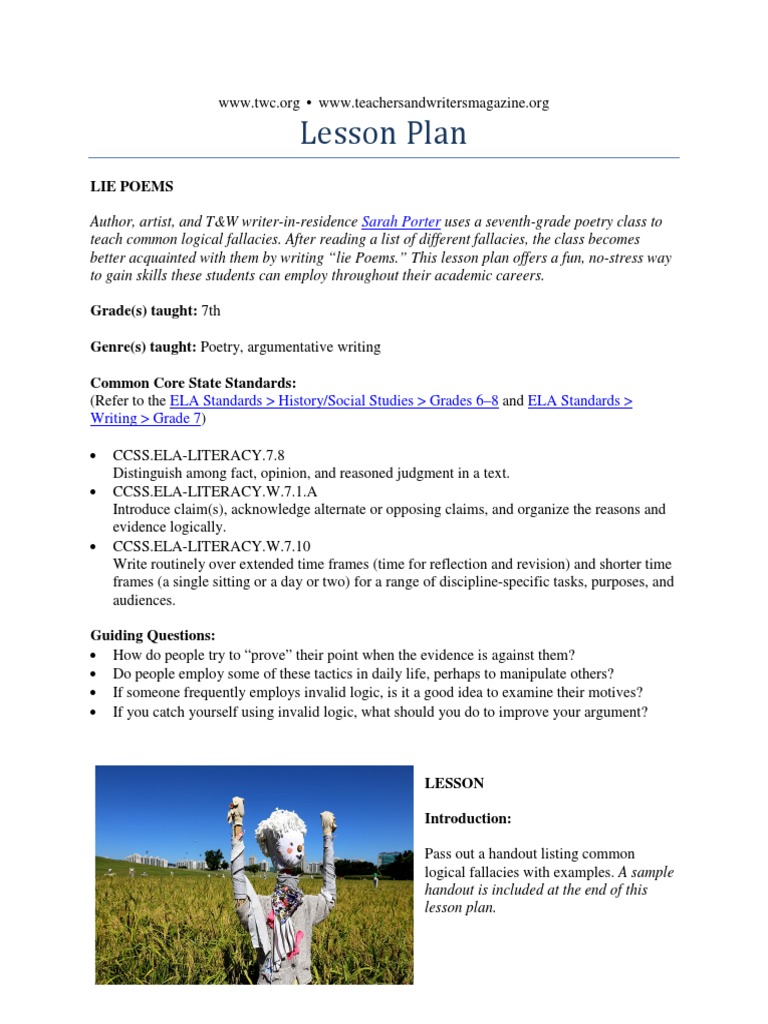 Lie Poem Lesson Plan 1 Pdf Fallacy Argument