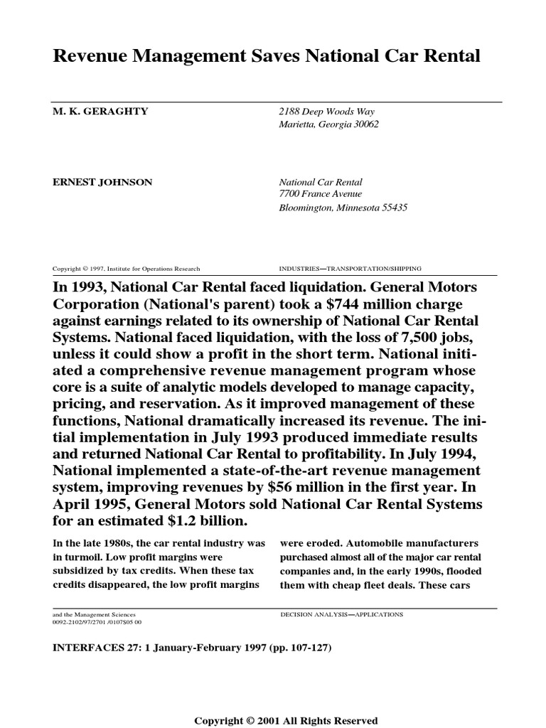 Ch3 Revenue Management Saves National Car Rental PDF Car Rental Car