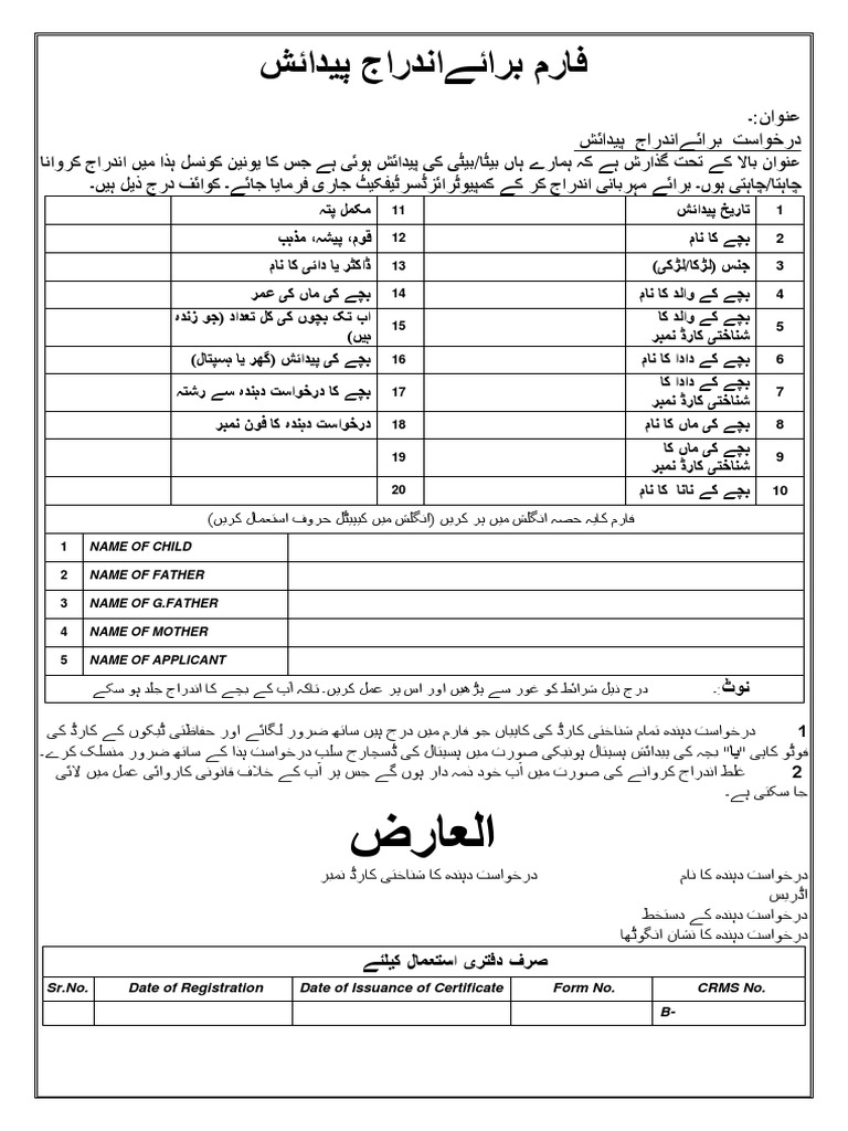 NADRA Union Council Child Registration Form Punjab | PDF
