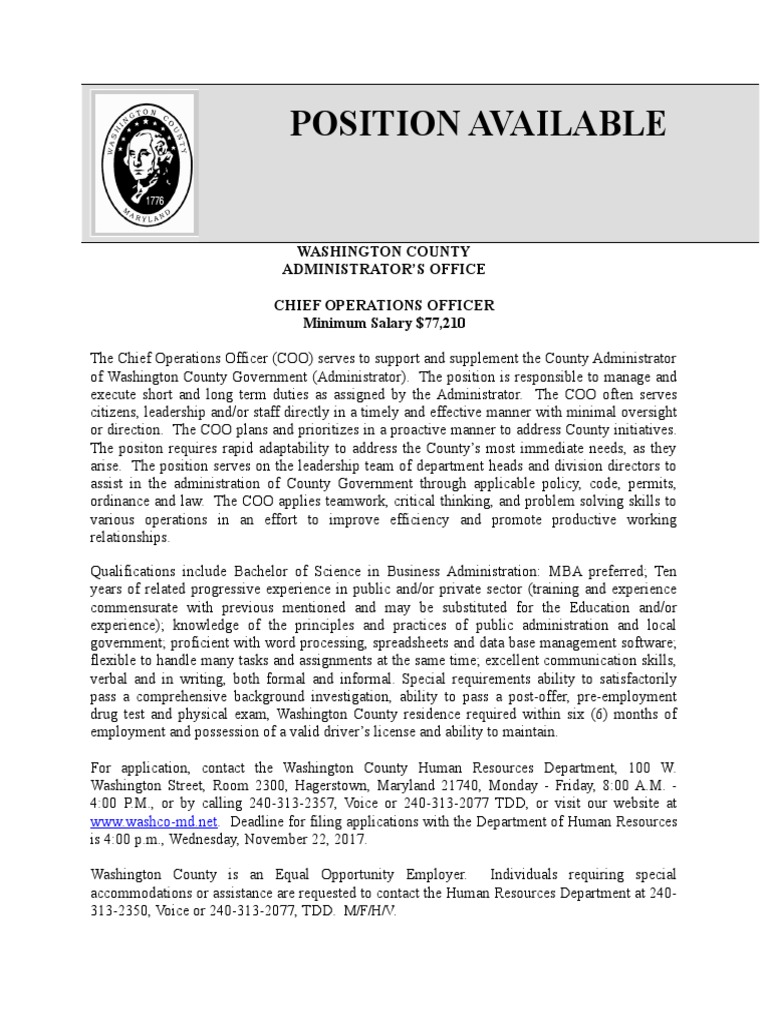Washington County Chief Operations Officer Job Description Chief 