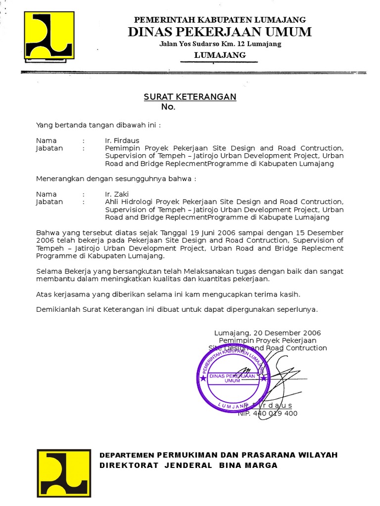 Contoh Surat Keterangan Kerja Dinas Pu