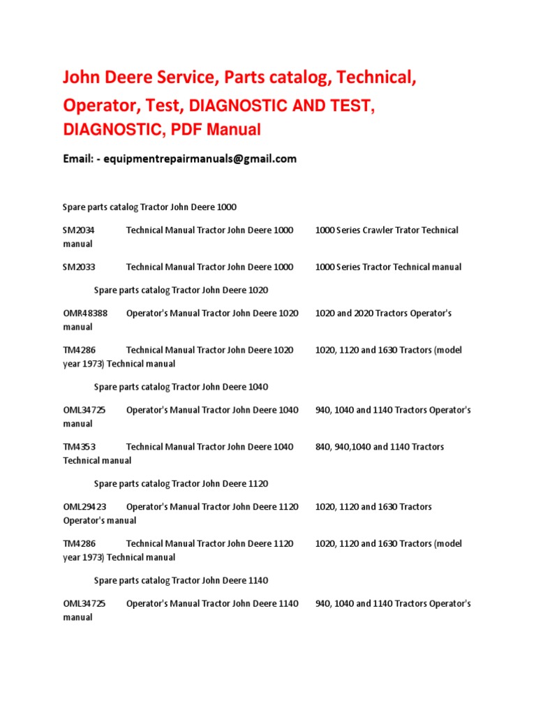 John Deere Service Parts Catalog Technical Operator Test Diagnostic And Test Diagnostic Pdf Manual Motor Vehicle Tools