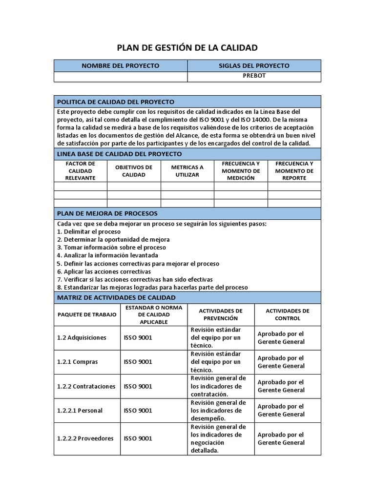 Plan de Gestión de Calidad del Proyecto | PDF | Gestión de la calidad ...