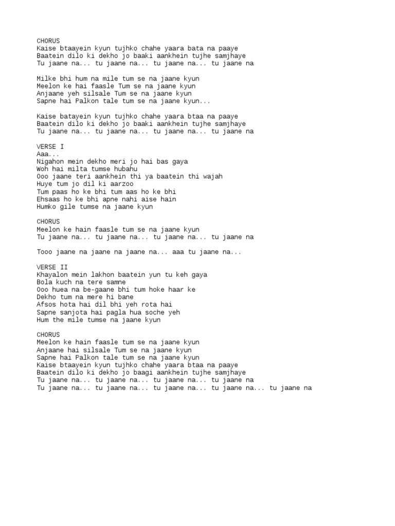 Tu Jane Na Lyrics | PDF