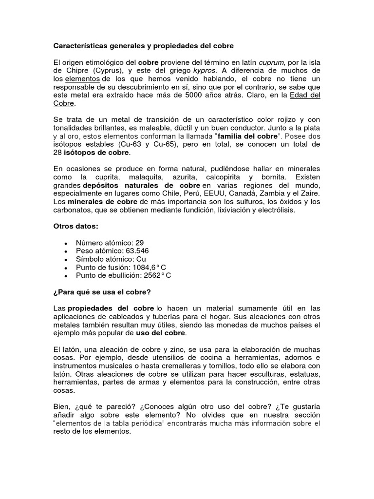 Características y usos del cobre | PDF | Cobre | Metales de transición