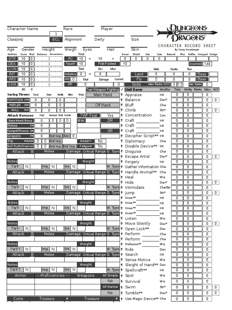 D D 3 5 Excel Character Sheet Pdf Nature Leisure
