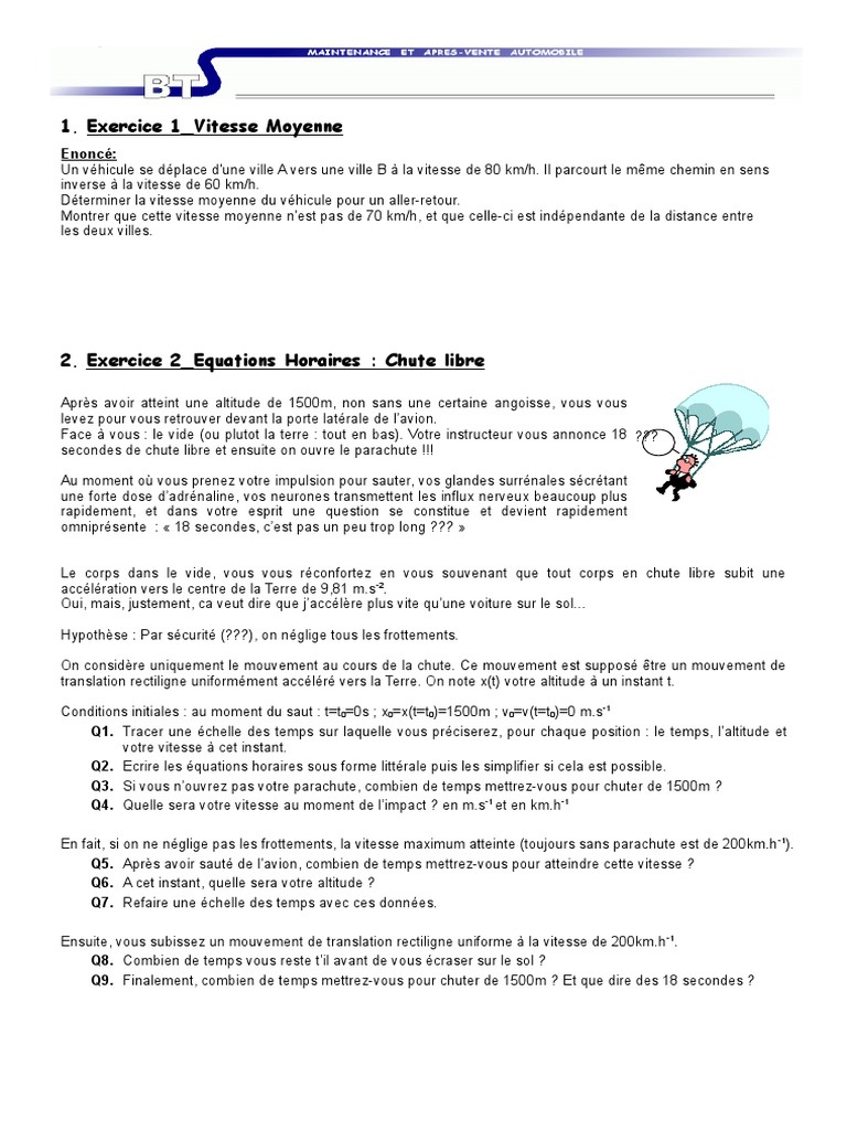 Exercice Corrigé Saut En Parachute Physique 3eme 08 Cinematique Exercices | PDF | Cinématique | Mouvement de rotation