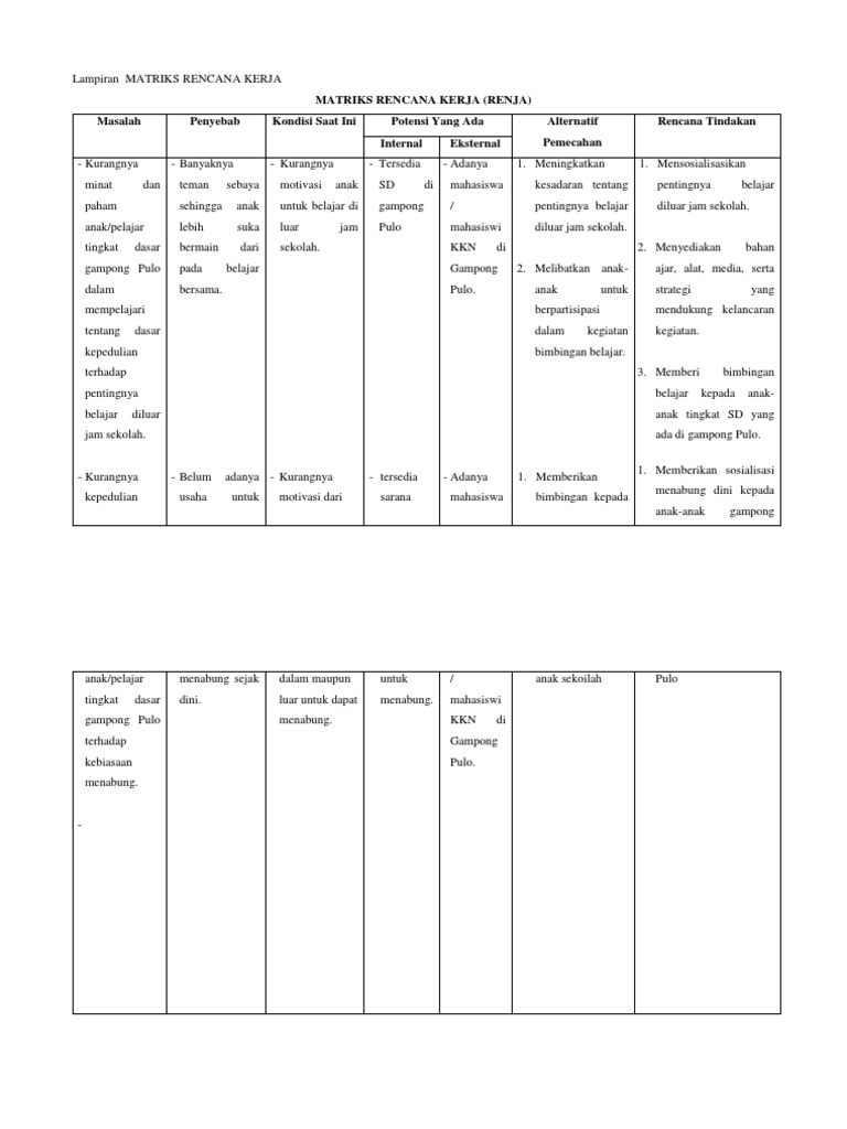 Matriks Rencana Kerja KKN Gampong Pulo | PDF