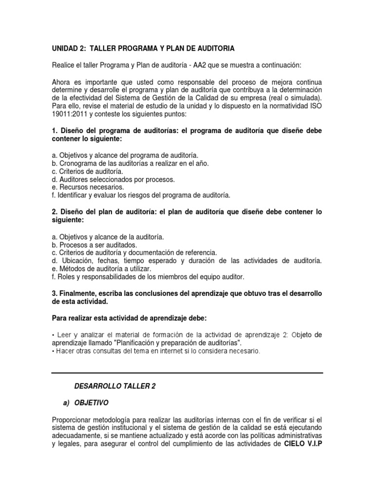 Taller Programa y Plan de Auditoria | PDF | Auditoría | Gestión de la ...