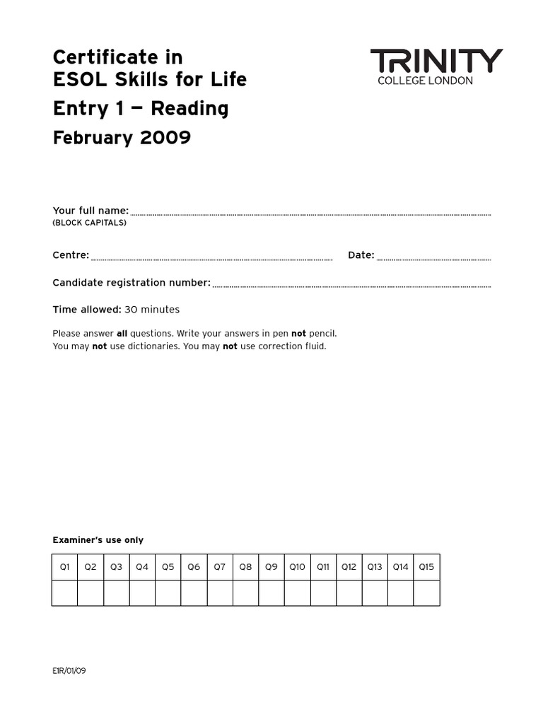 ESOL Entry 1 Reading Exam Paper | PDF