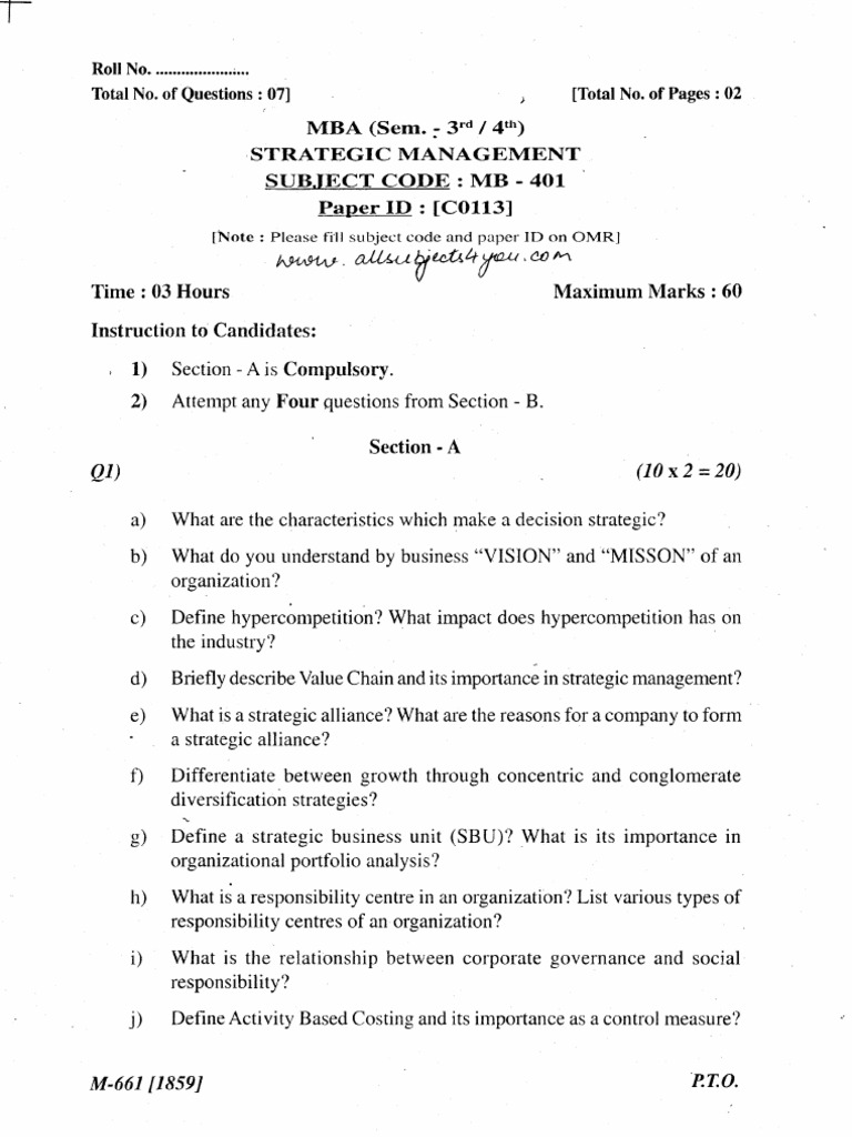 MBA Strategic Management Exam Paper | PDF