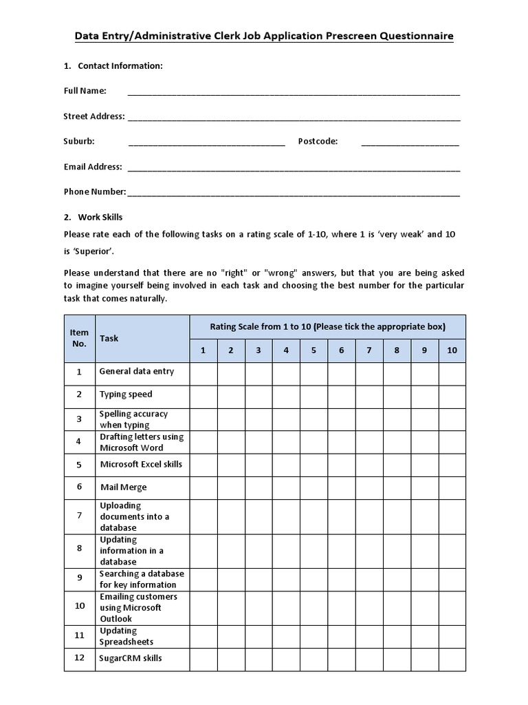 Data Entry/Administrative Clerk Job Application Prescreen Questionnaire ...