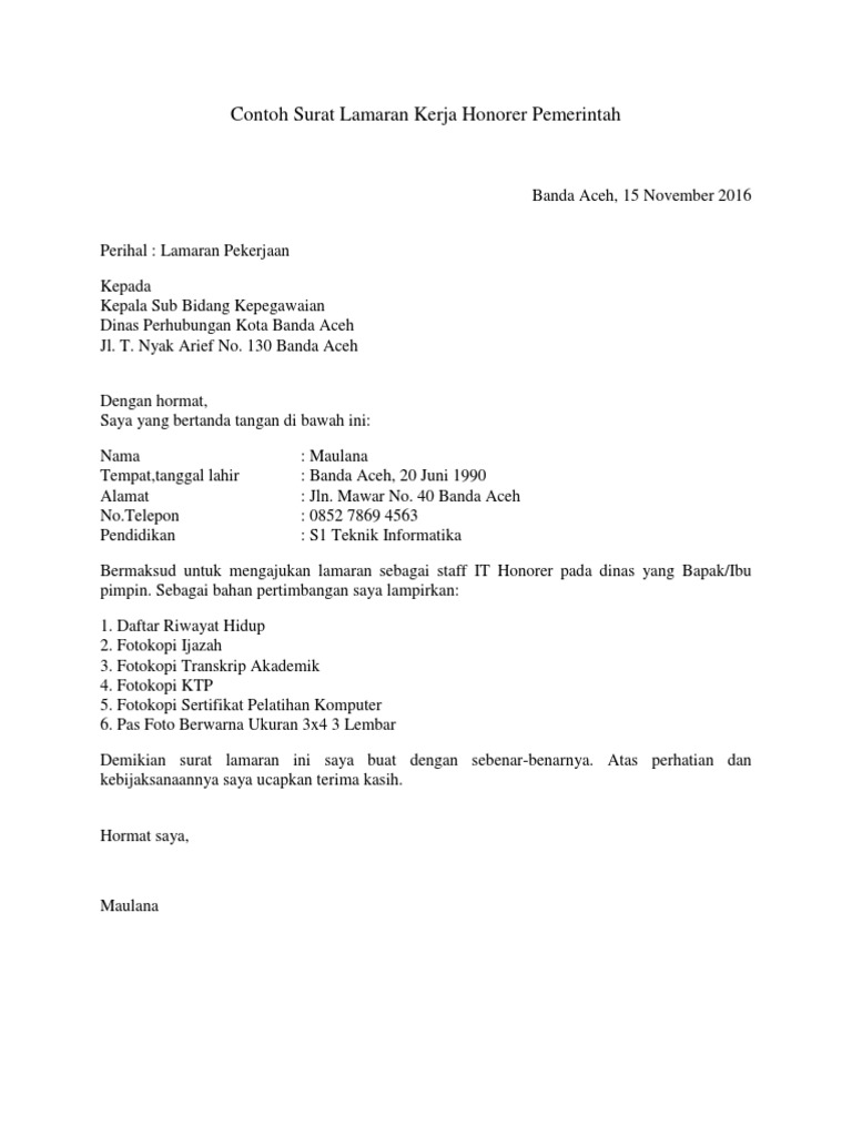 Contoh Surat Lamaran Kerja Honorer Di Kantor Bupati - Contoh Surat Lamaran Kerja Untuk Cpns Bkn Contoh Surat : Contoh surat lamaran kerja guru honorer yang masih kuliah.