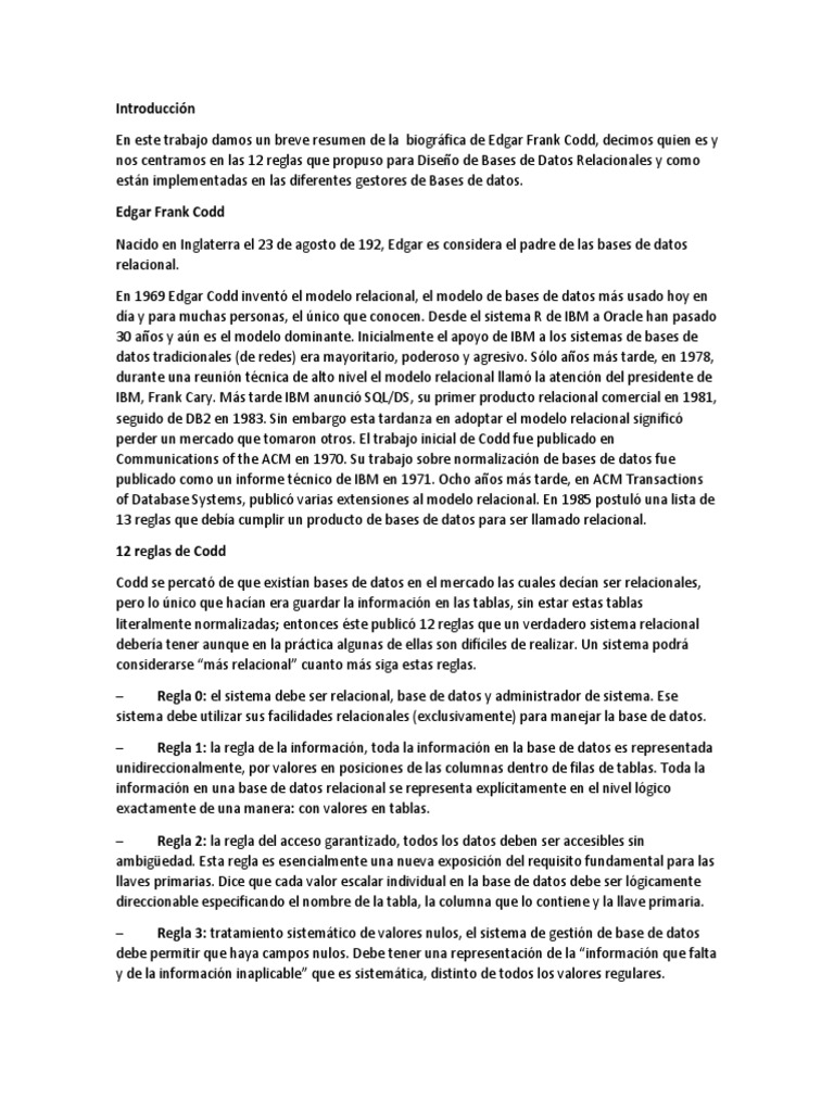 12 Reglas de Codd | PDF | Modelo relacional | Bases de datos