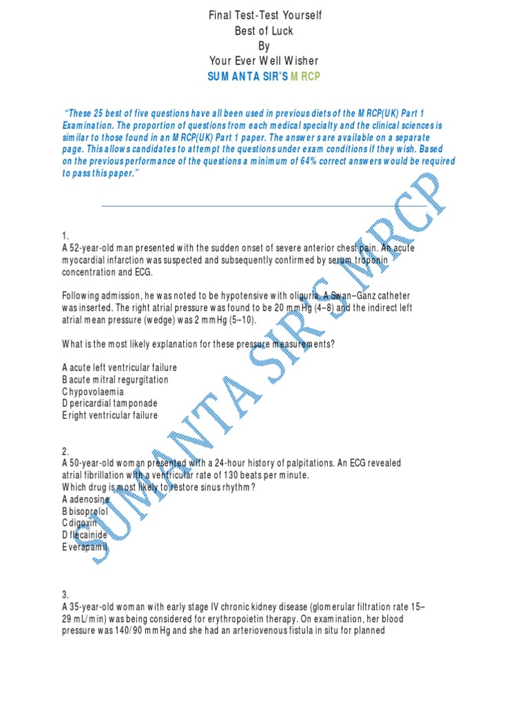 MRCP Part 1 Mock Exam Questions | PDF | Leukemia | Heart Failure
