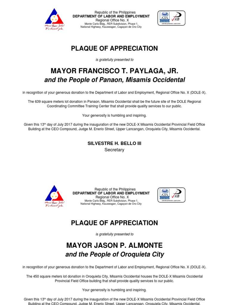 Plaque of Appreciation - Misamis Occidental | PDF | Economy Of The ...