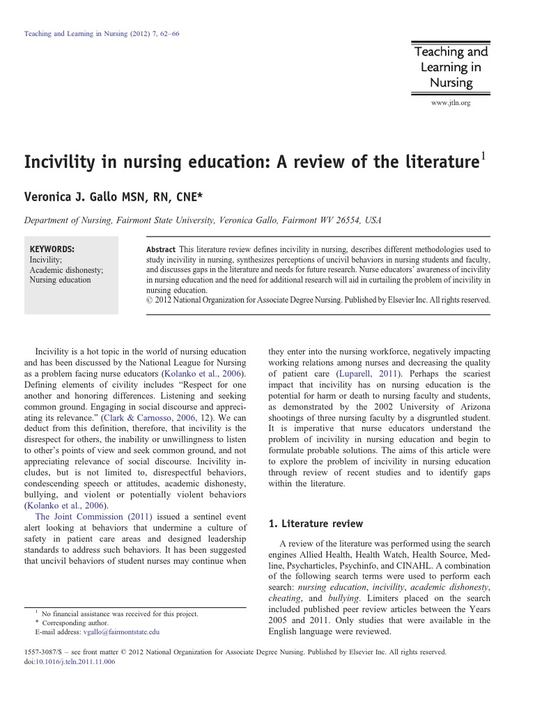 Incivility in Nursing Education: A Review of The Literature: Veronica J ...