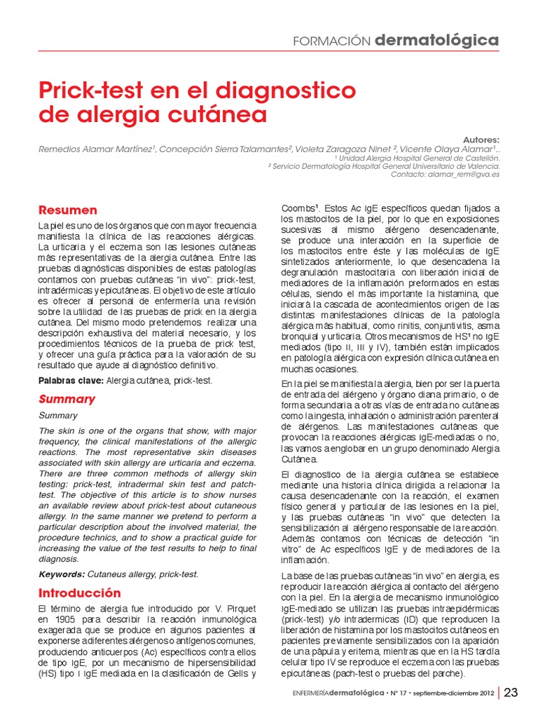 Prick Test Alergia Cutanea Pdf Alergia Inmunologia