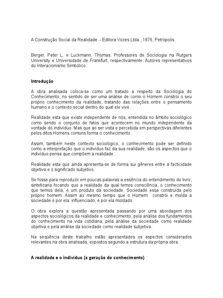 Construção Social da Realidade e Conhecimento | PDF | Realidade ...