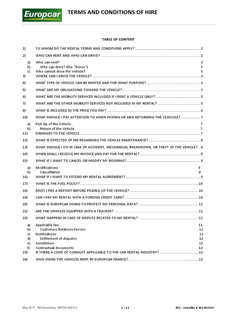 Terms and Conditions of Hire | PDF | Identity Document | Renting