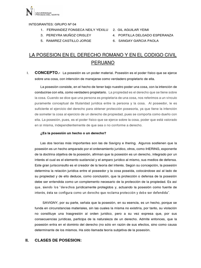 Posesión en Derecho Romano y Peruano | PDF | Posesión (Ley) | Propiedad