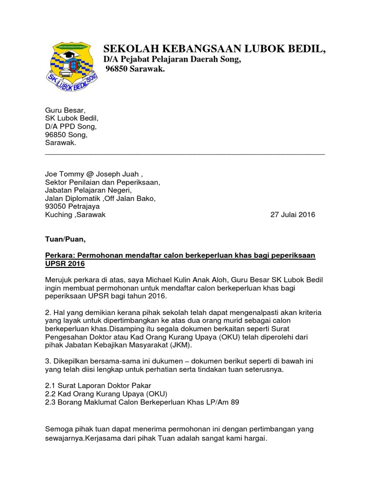 Surat Mendaftar Calon Berkeperluan Khas Upsr 2016