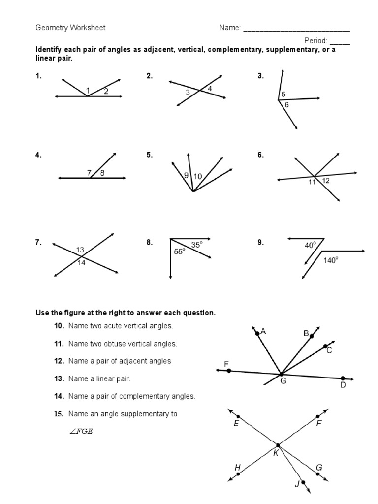 Angle Pairs Worksheet With Regard To Pairs Of Angles Worksheet Answers