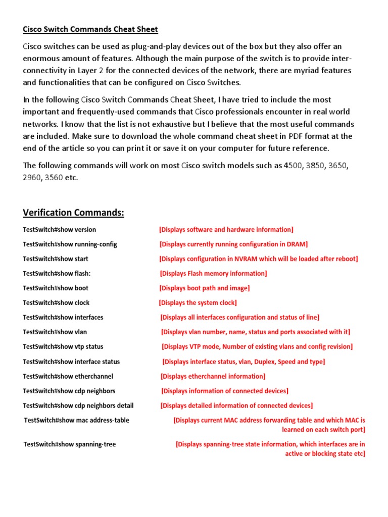 Cisco Switch Commands Cheat Sheet Pdf Network Switch Telecommunications