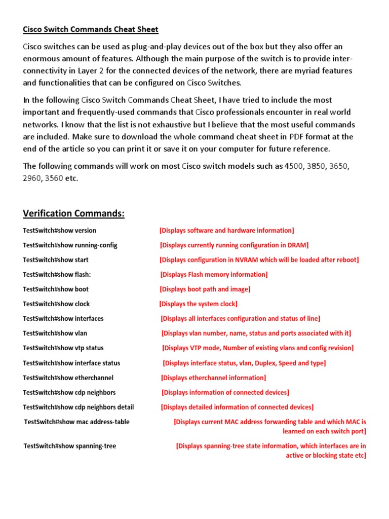 Cisco Switch Commands Cheat Sheet Pdf Pdf Network Switch Telecommunications