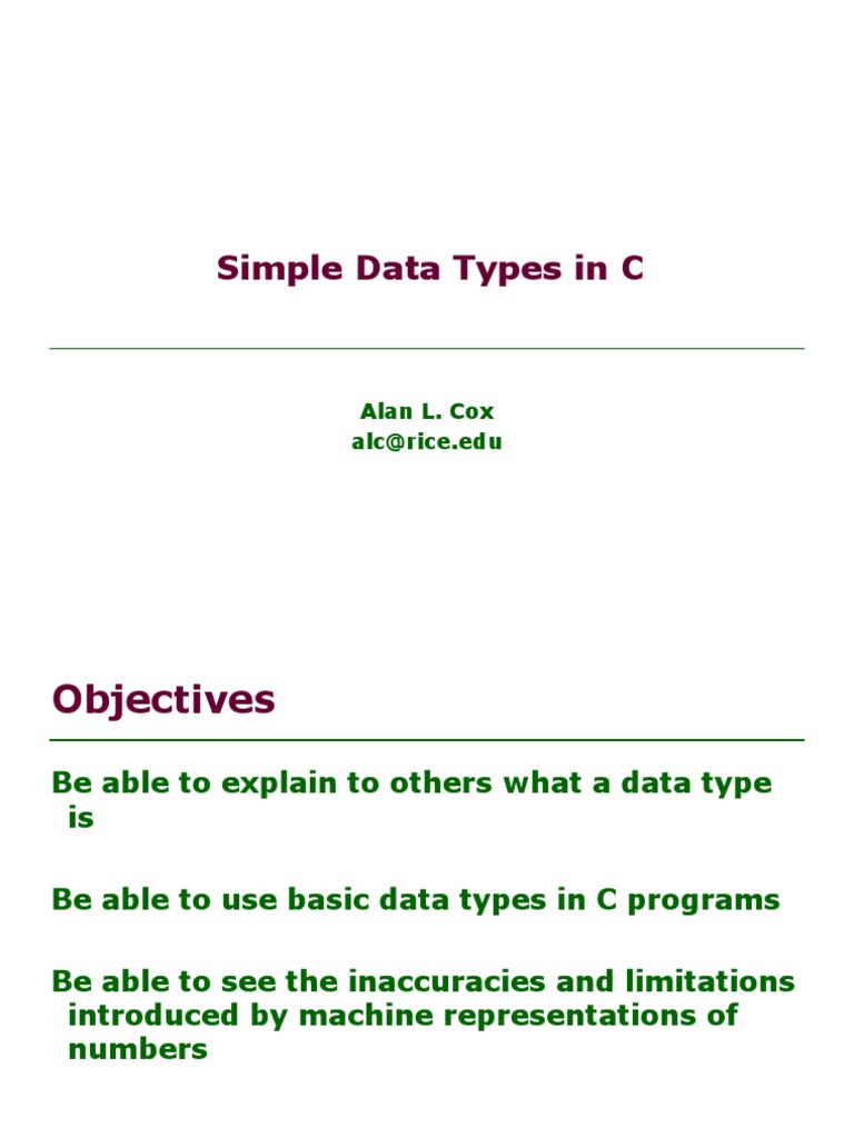 Simple Data Types in C | PDF | Boolean Data Type | Data Type
