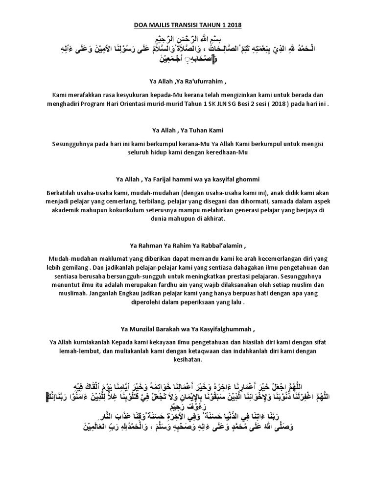 Doa Majlis Transisi Tahun 1 2018